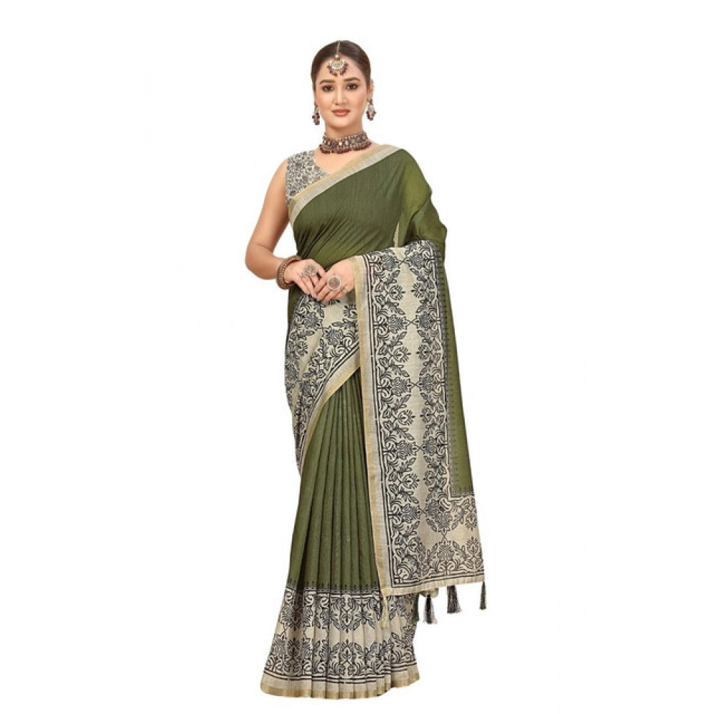 Green Chanderi printed saree with unstitched blouse (5.5Mtr), traditional Indian wear for women