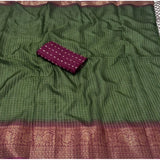 Green cotton blend checkered saree with unstitched blouse, 5.5mtr length for traditional Indian wear