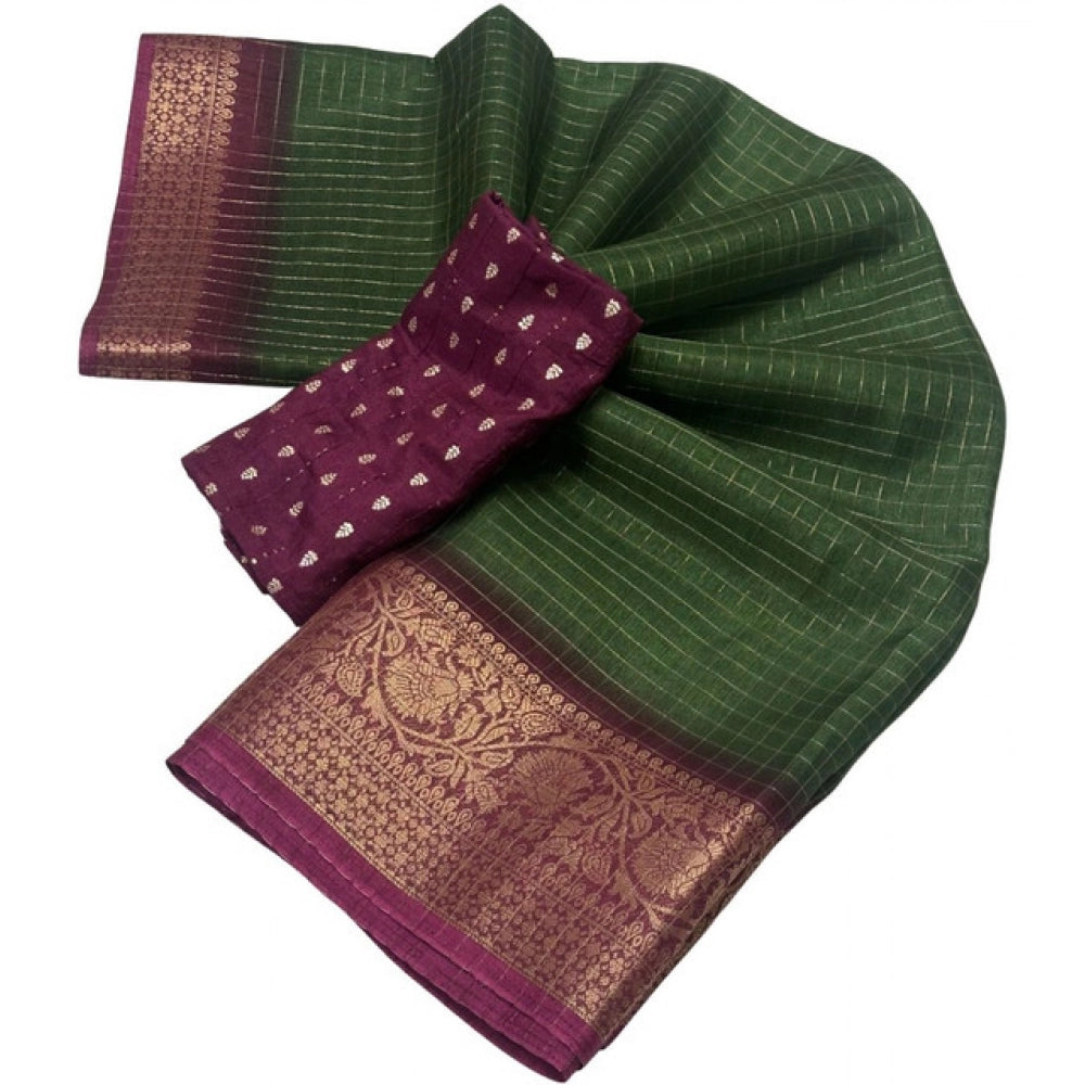 Green cotton blend checkered saree with unstitched blouse (5.5Mtr) - Traditional Indian women's fashion