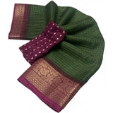 Green cotton blend checkered saree with unstitched blouse (5.5Mtr) - Traditional Indian women's fashion