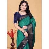 Teal green cotton blend checkered saree with unstitched blouse, 5.5Mtr for traditional Indian wear