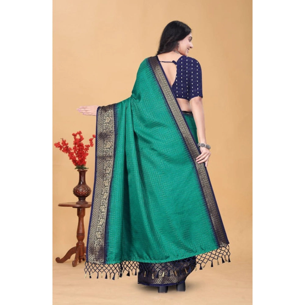 Teal green cotton blend checkered saree with unstitched blouse, 5.5Mtr, traditional Indian women's fashion wear