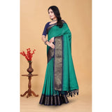 Teal green cotton blend checkered saree with unstitched blouse, 5.5mtr for women's traditional Indian wear