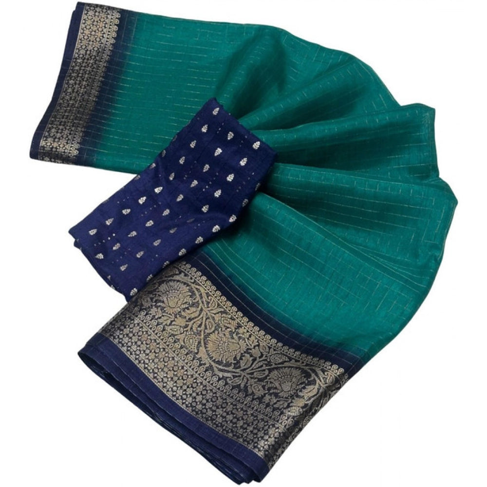 Teal green cotton blend checkered saree with unstitched blouse, 5.5mtr - vibrant Indian women's fashion accessory