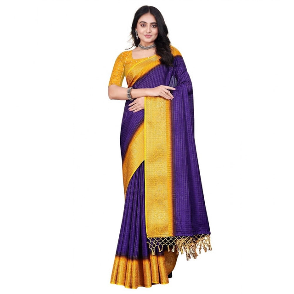 Royal Blue cotton blend checkered saree with unstitched blouse, 5.5Mtr for traditional Indian wear