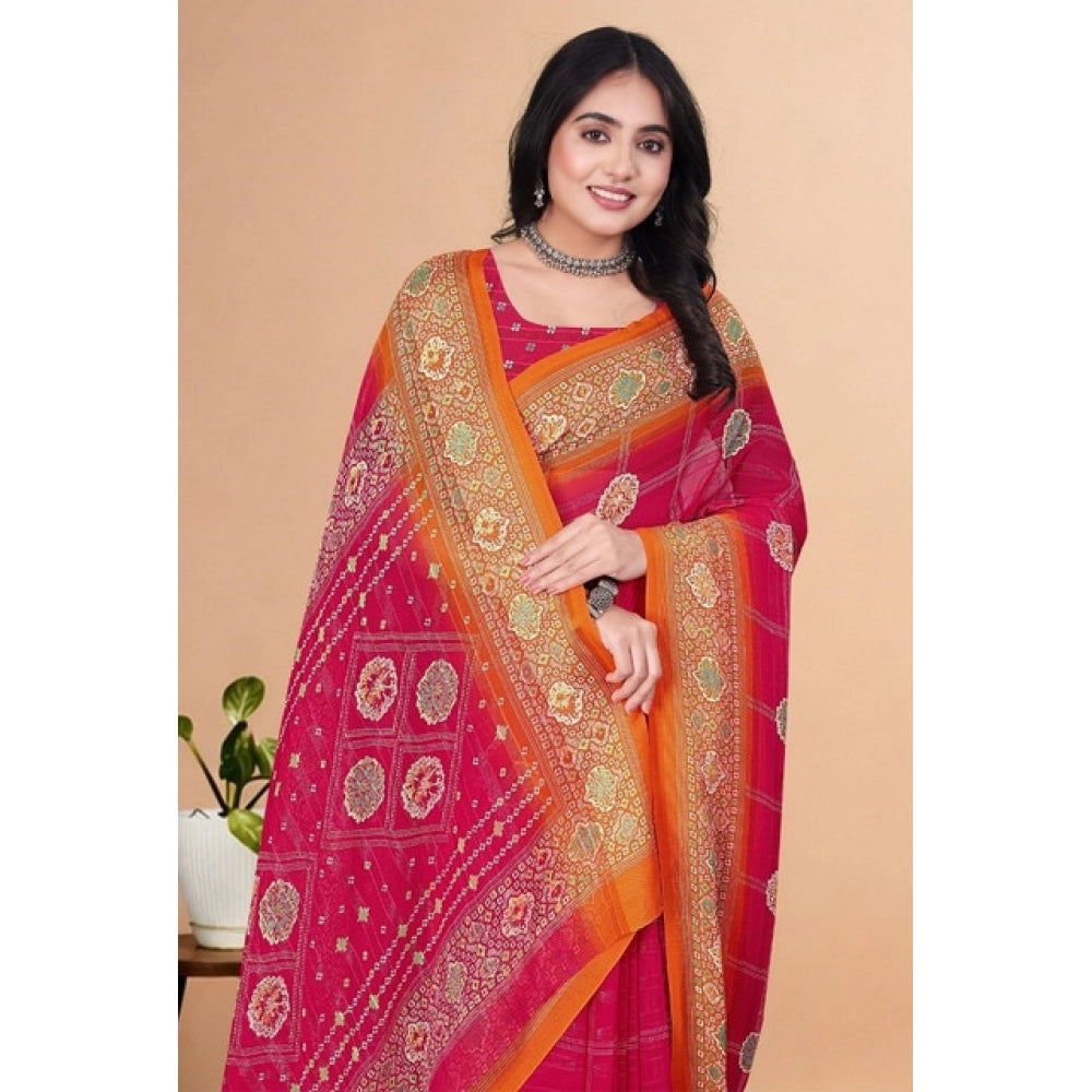 Pink art silk printed saree with unstitched blouse (5.5Mtr), intricate design on display