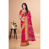 Art silk printed pink saree with unstitched blouse (5.5mtr), traditional Indian attire on mannequin