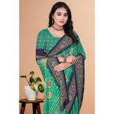 Green art silk printed saree with unstitched blouse (5.5Mtr), traditional Indian apparel on mannequin