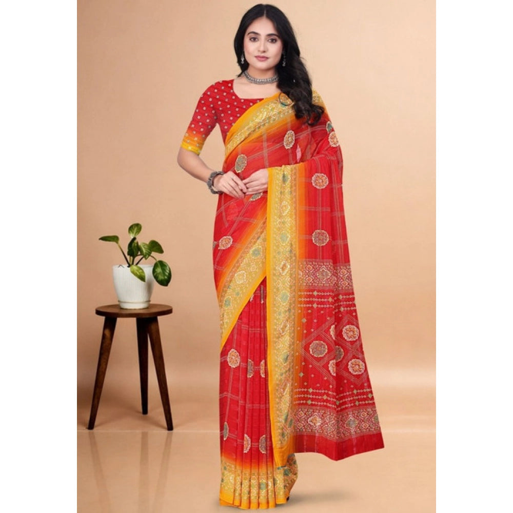 Red art silk printed saree with unstitched blouse (5.5Mtr) on mannequin for traditional Indian wear