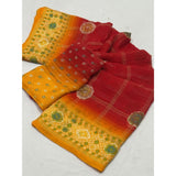 Red art silk printed saree with unstitched blouse (5.5mtr) on model