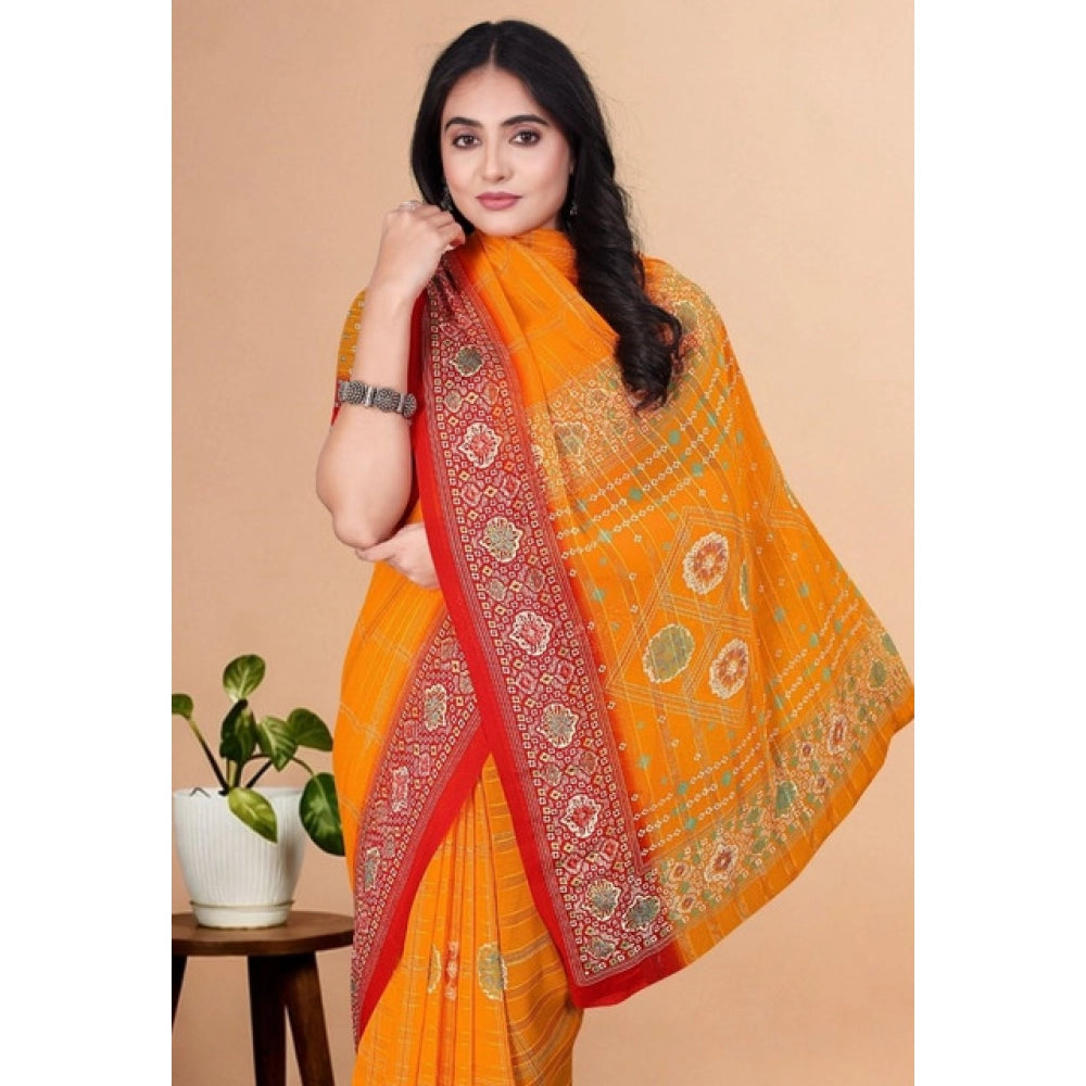 Yellow art silk printed saree with unstitched blouse (5.5Mtr), vibrant traditional Indian women's wear