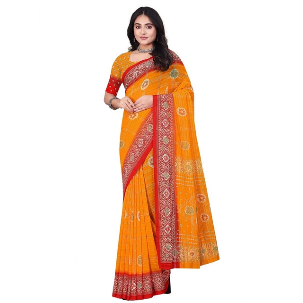 Yellow art silk printed saree with unstitched blouse (5.5Mtr)