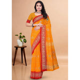 Yellow art silk printed saree with unstitched blouse (5.5Mtr) on hanger