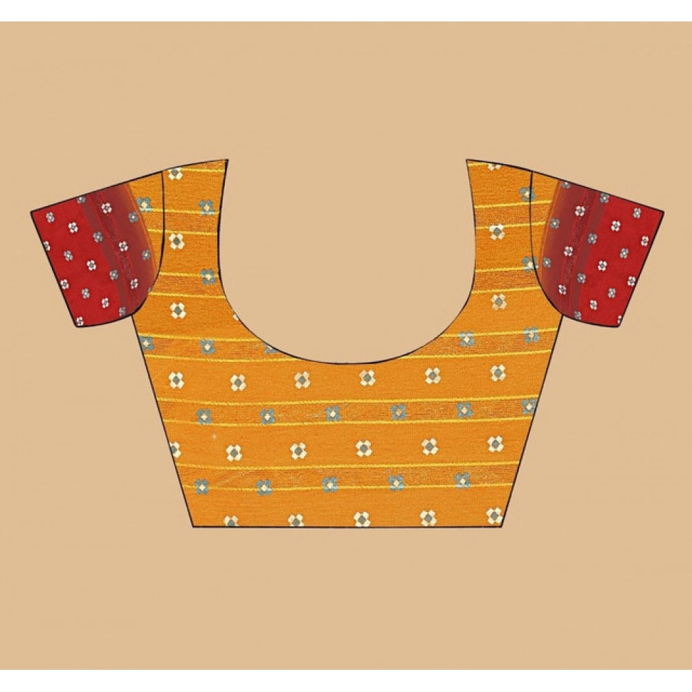 Yellow art silk printed saree with unstitched blouse, vibrant design for traditional Indian wear
