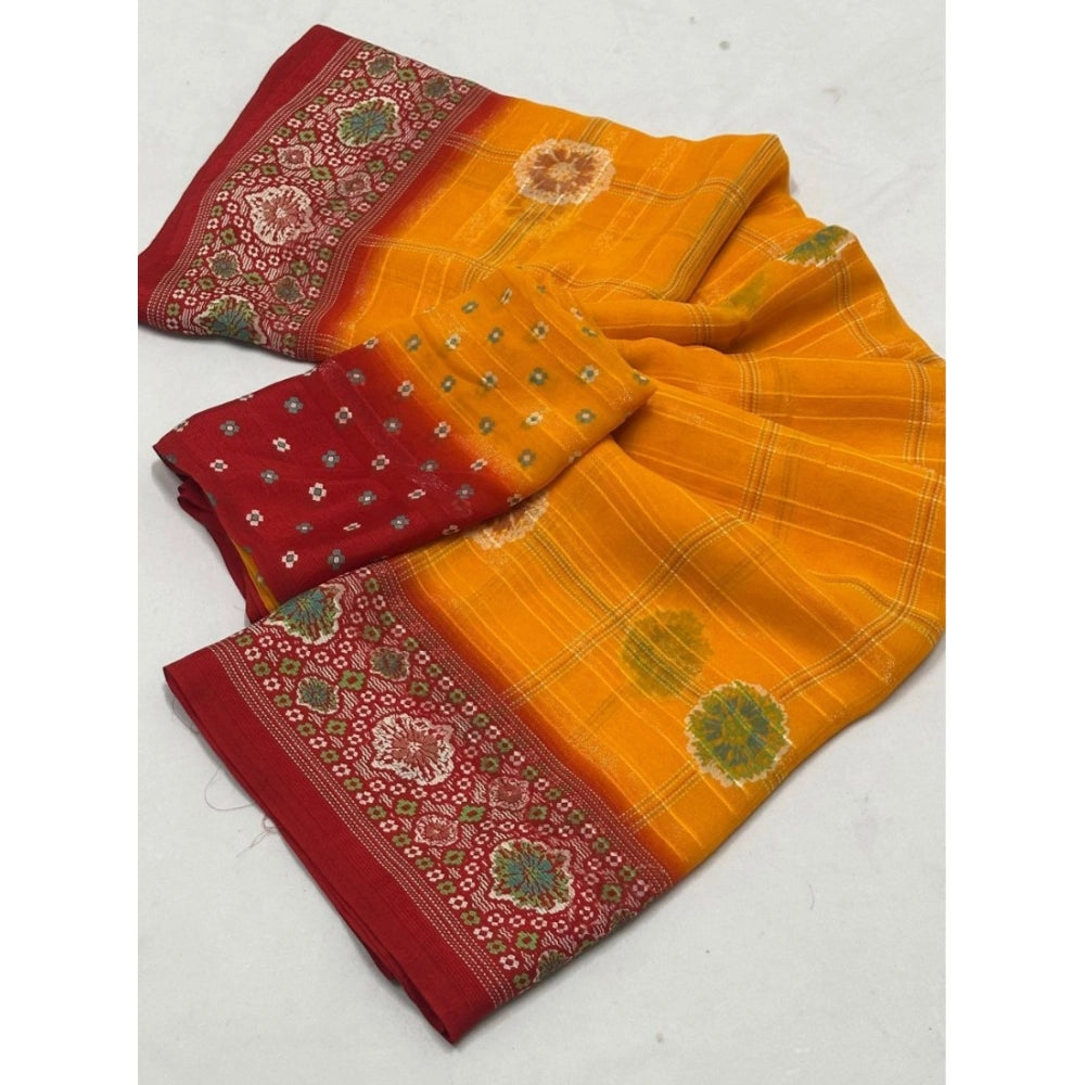 Yellow art silk printed saree with unstitched blouse (5.5Mtr), vibrant Indian women's wear accessory