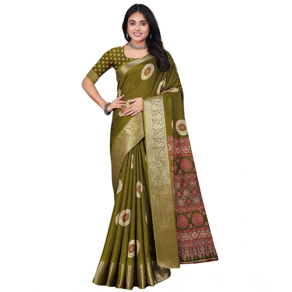 Art Silk printed Mehendi saree with unstitched blouse, vibrant design for traditional Indian attire