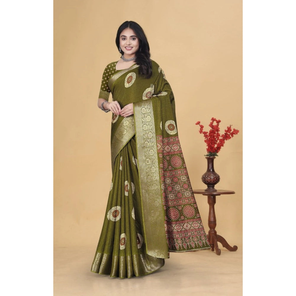 Mehendi art silk printed saree with unstitched blouse (5.5Mtr), traditional Indian women's wear on mannequin