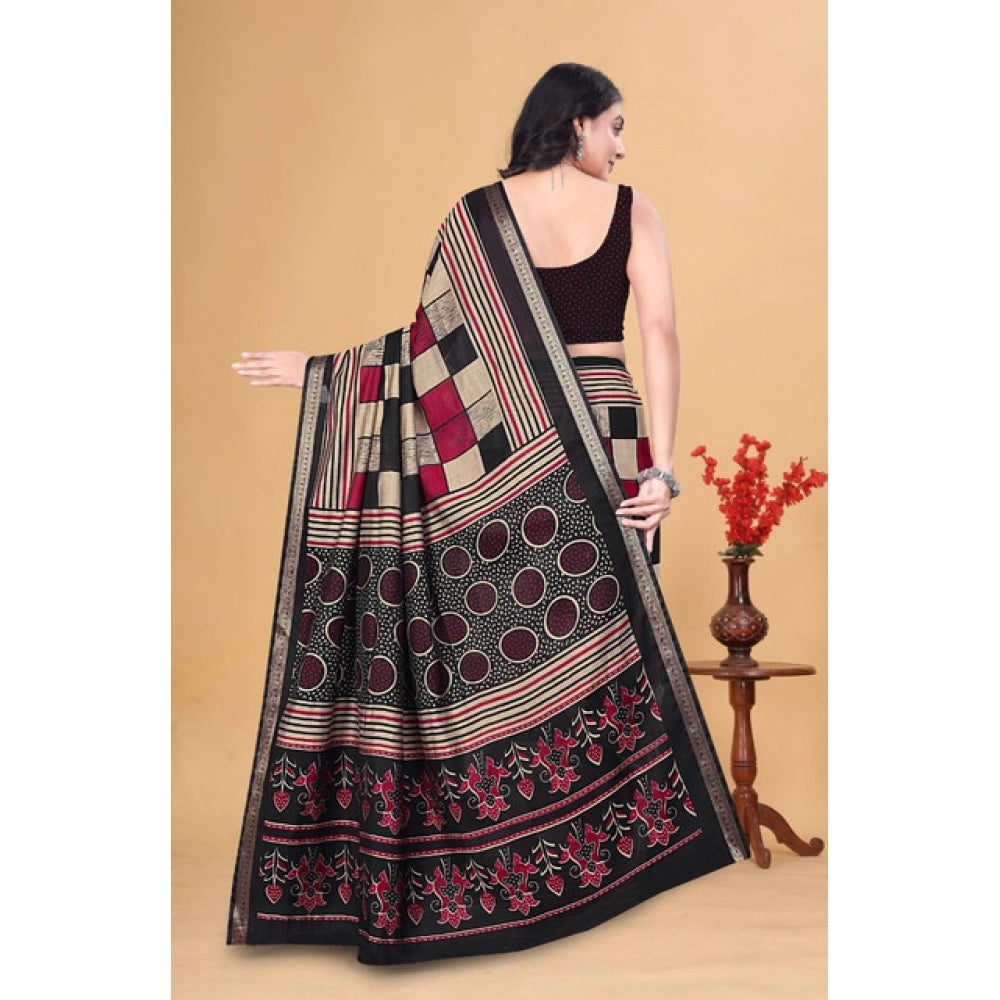 Multicolor dupion silk block-printed saree with unstitched blouse, 5.5Mtr, intricate patterns on display