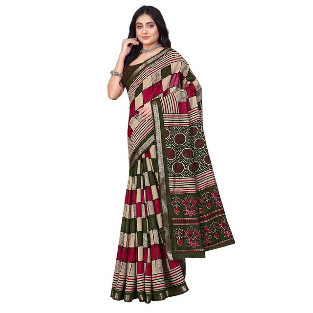 Multicolor dupion silk block-printed saree with unstitched blouse (5.5Mtr), traditional Indian women's wear on display