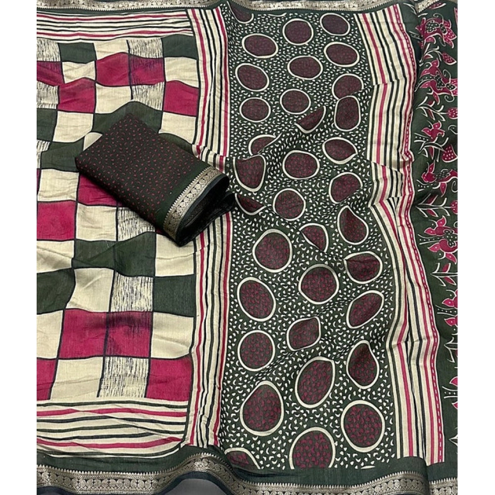 Multicolor block printed dupion silk saree with unstitched blouse (5.5Mtr), vibrant Indian traditional attire on mannequin