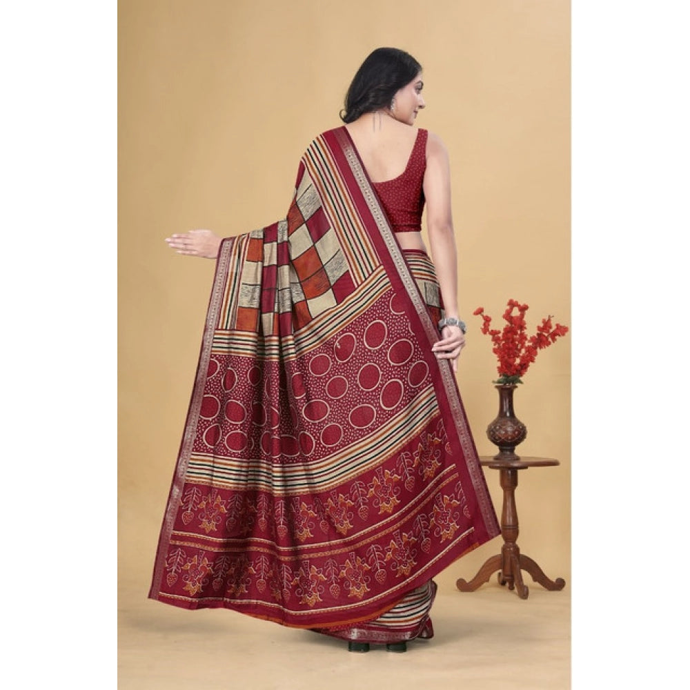Multicolor dupion silk block-printed saree with unstitched blouse, 5.5mtr length on mannequin