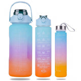 { "alt_text": "Multicolor Tritan gym water bottles set of 3, leakproof hydration tracker with time marker for workout" }