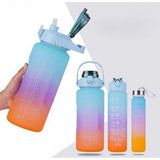 { "alt_text": "Multicolor Tritan gym water bottles set of 3, leakproof hydration tracker with time marker for workout" }