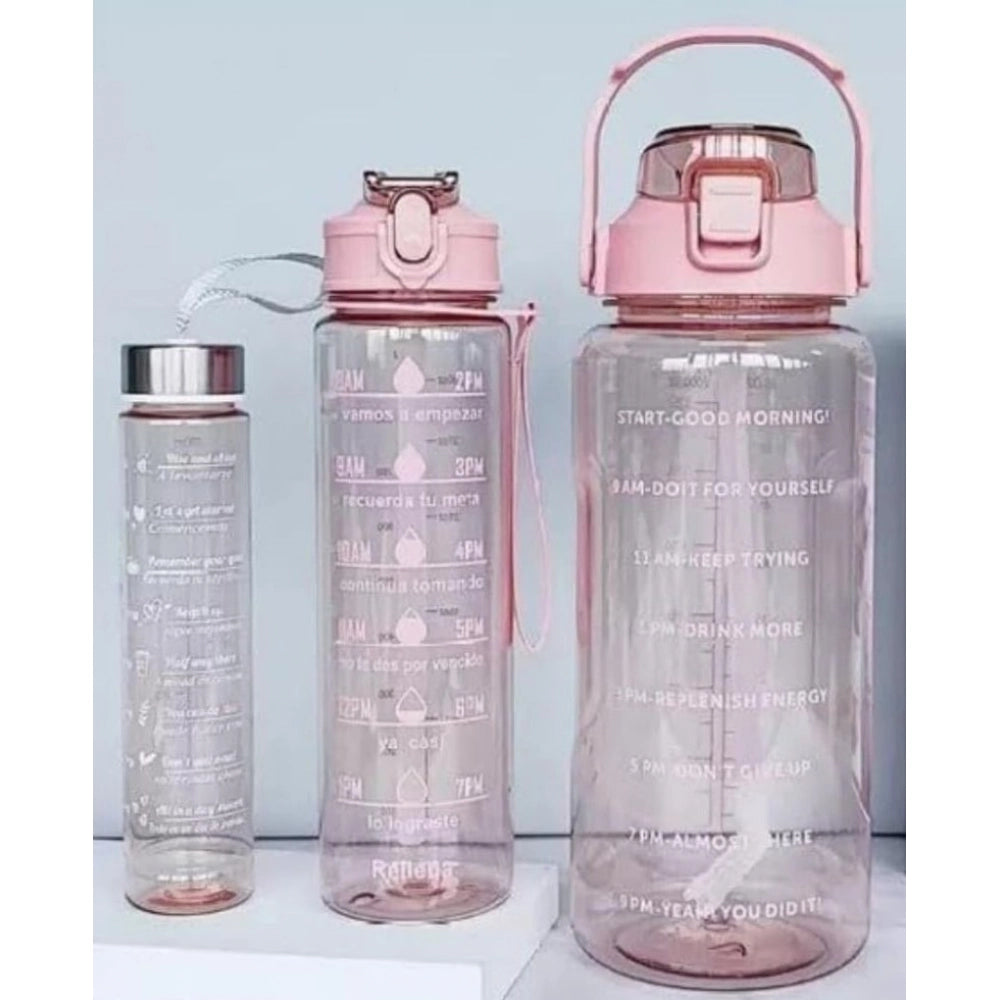 { "alt_text": "Pink BPA-free motivational water bottles set of 3, leakproof hydration tracker for gym fitness lifestyle" }