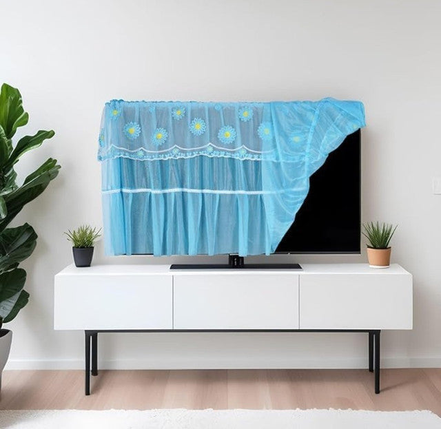 Blue seamless hanging TV cover with tempered glass window to protect electronics from dust and scratches