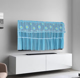 Blue seamless hanging TV cover with tempered glass window to protect electronics from dust and scratches