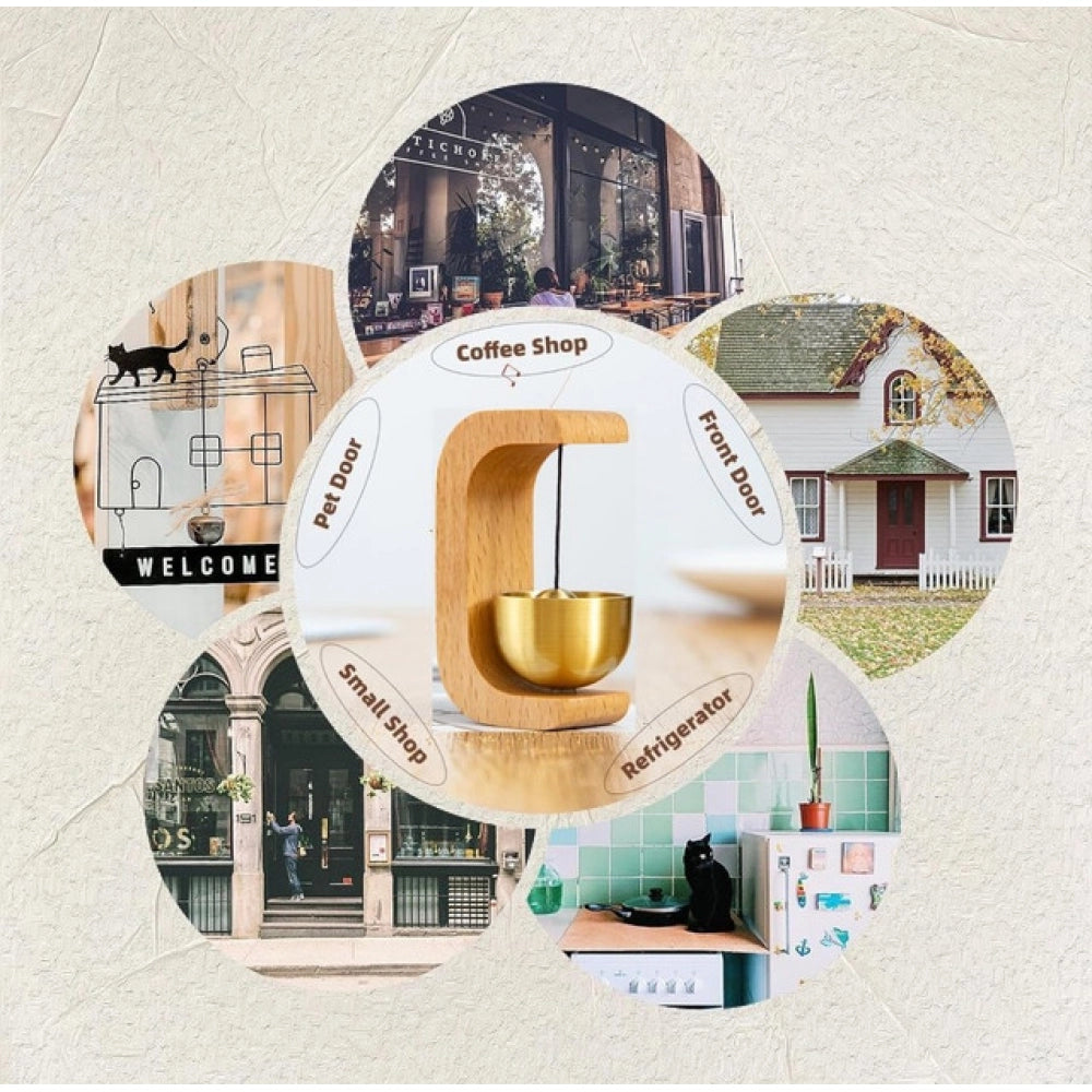 { "alt_text": "Gold magnetic doorbell with natural wooden base, adhesive door chime for home entrance or garden gate" }