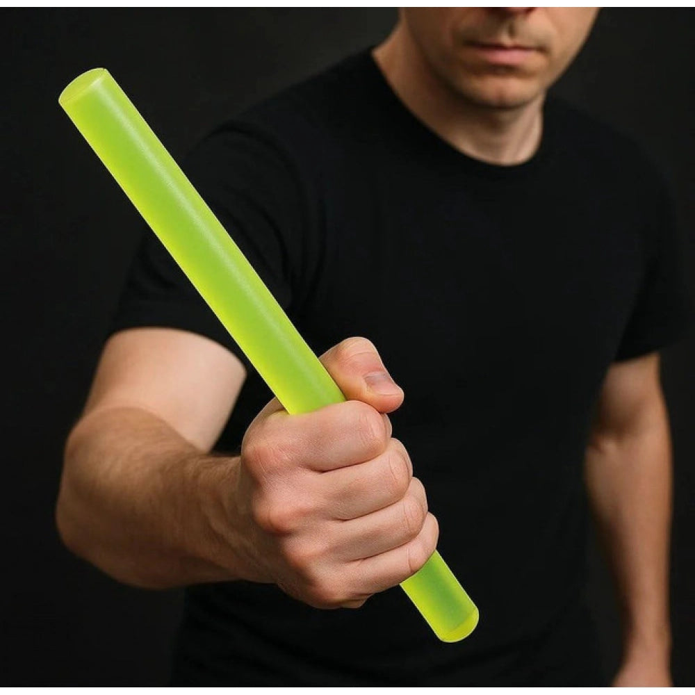 { "alt_text": "Green nylon rod stick martial arts training personal safety self-defense prop made of durable PU rubber" }
