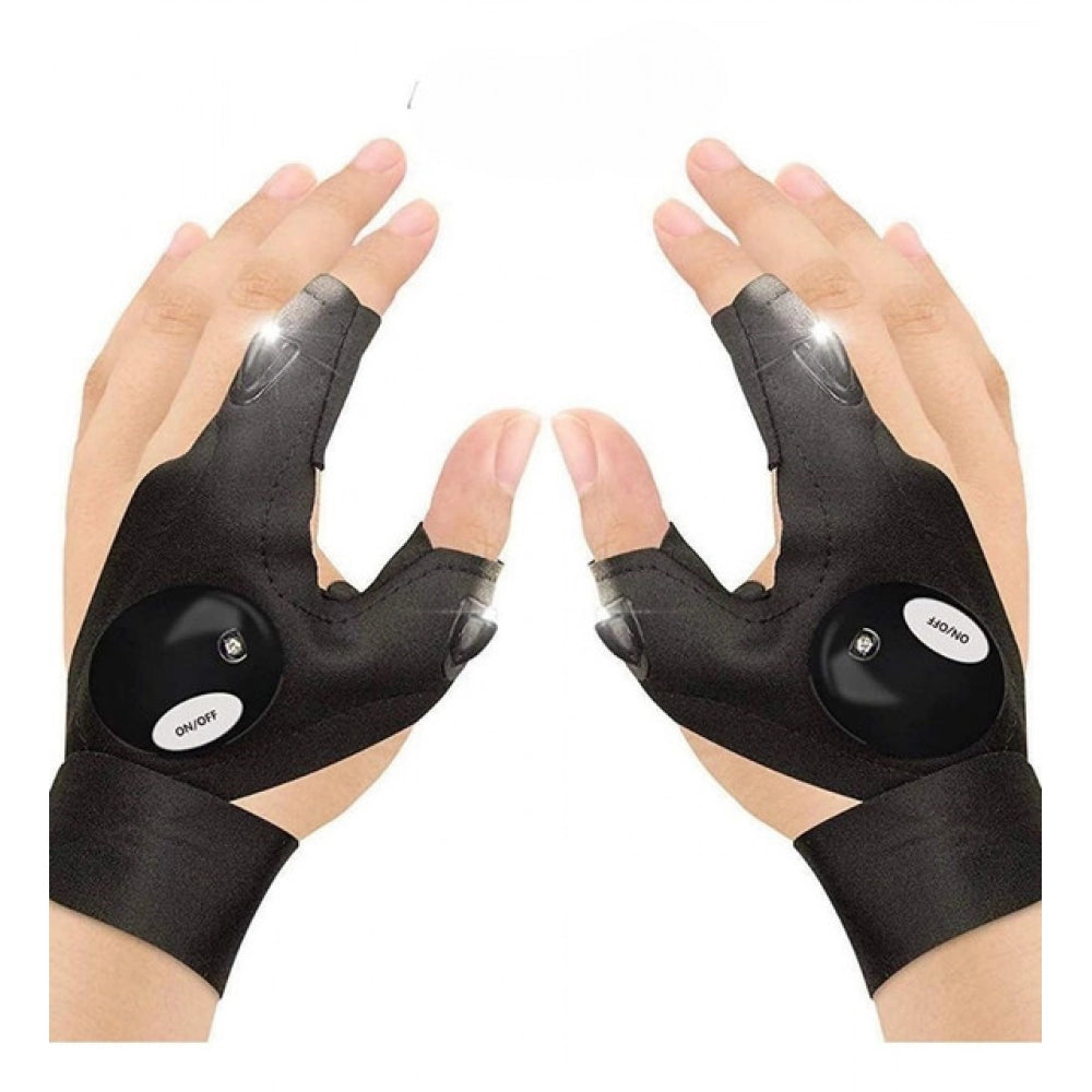 { "alt_text": "Black polyester flashlight gloves for hands-free lighting, ideal for DIY projects, camping, and outdoor activities" }