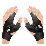 { "alt_text": "Black polyester flashlight gloves for hands-free lighting, ideal for DIY projects, camping, and outdoor activities" }