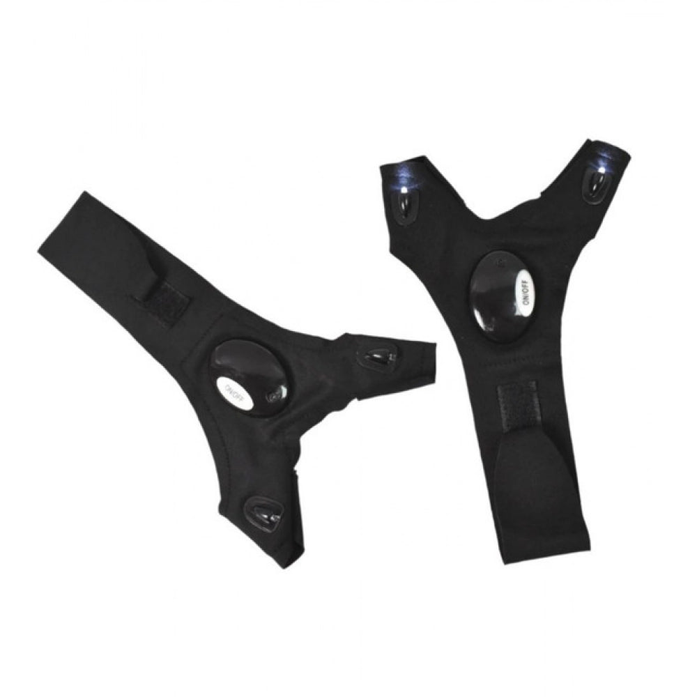 { "alt_text": "Black polyester flashlight gloves for hands-free lighting, ideal for DIY projects, camping, and outdoor activities" }
