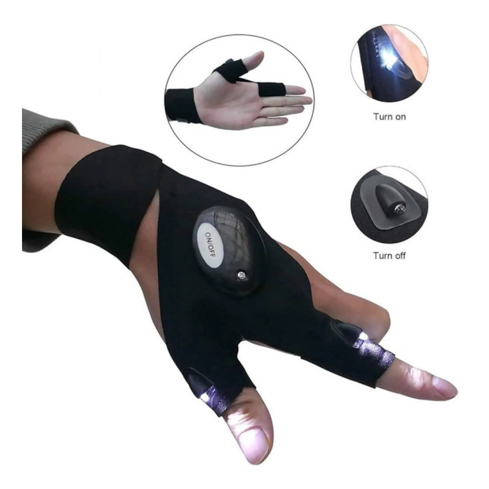 { "alt_text": "Black polyester flashlight gloves for hands-free lighting, ideal for DIY projects, camping, and outdoor activities" }