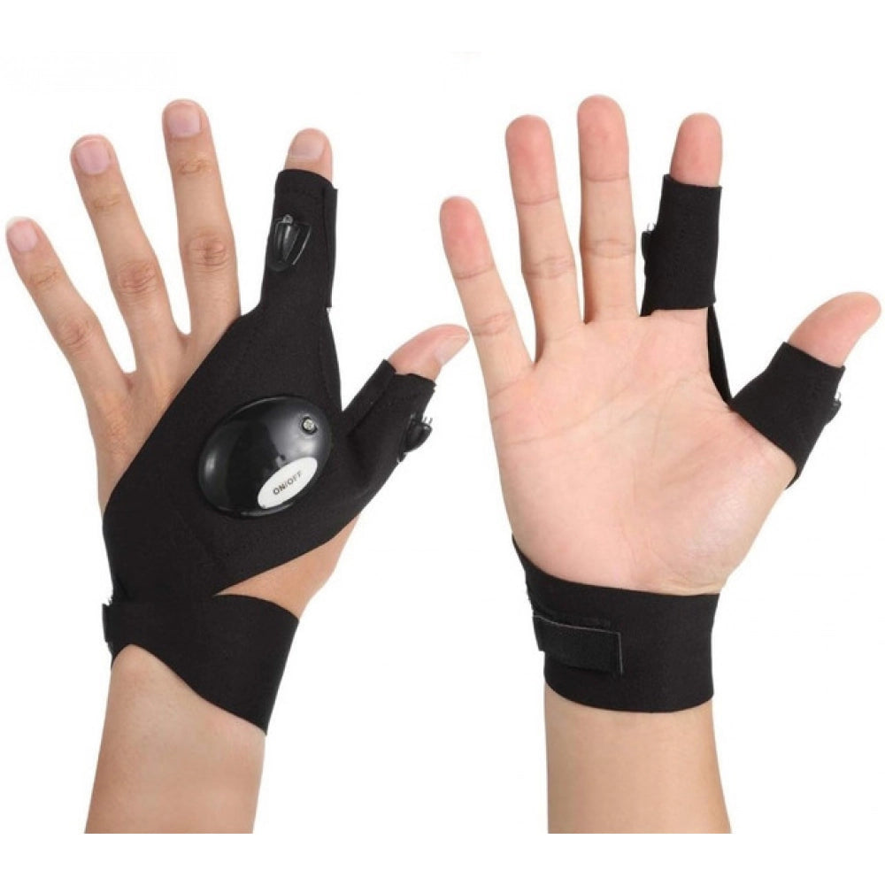 { "alt_text": "Black polyester flashlight gloves for hands-free lighting, ideal for DIY projects, camping, and outdoor activities" }