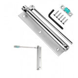 { "alt_text": "Silver stainless steel automatic door closer hinge lock, ideal for bathroom kitchen safety hardware DIY installation" }