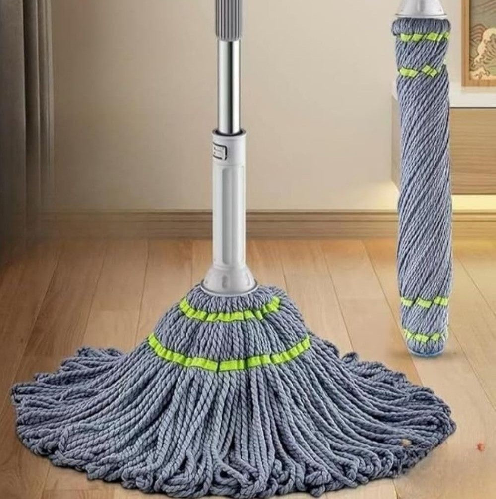 Grey microfiber twist mop for deep cleaning floors, suitable for hardwood, tile, and laminate surfaces