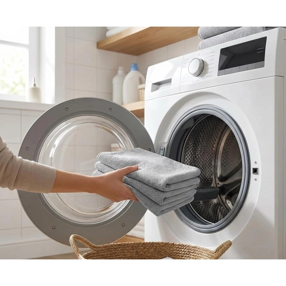 { "alt_text": "Grey microfiber cleaning cloths set of 20 reusable household towels for kitchen car dust removal" }