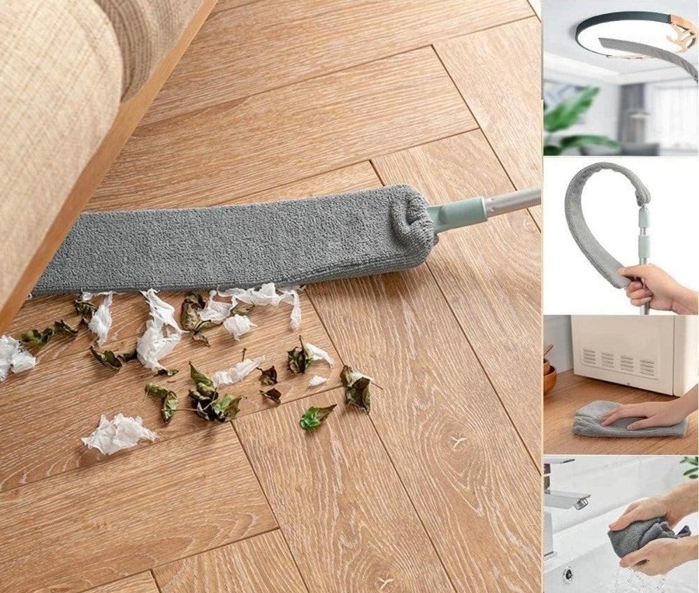 Grey microfiber flexible mop and duster with removable handle for multi-surface cleaning