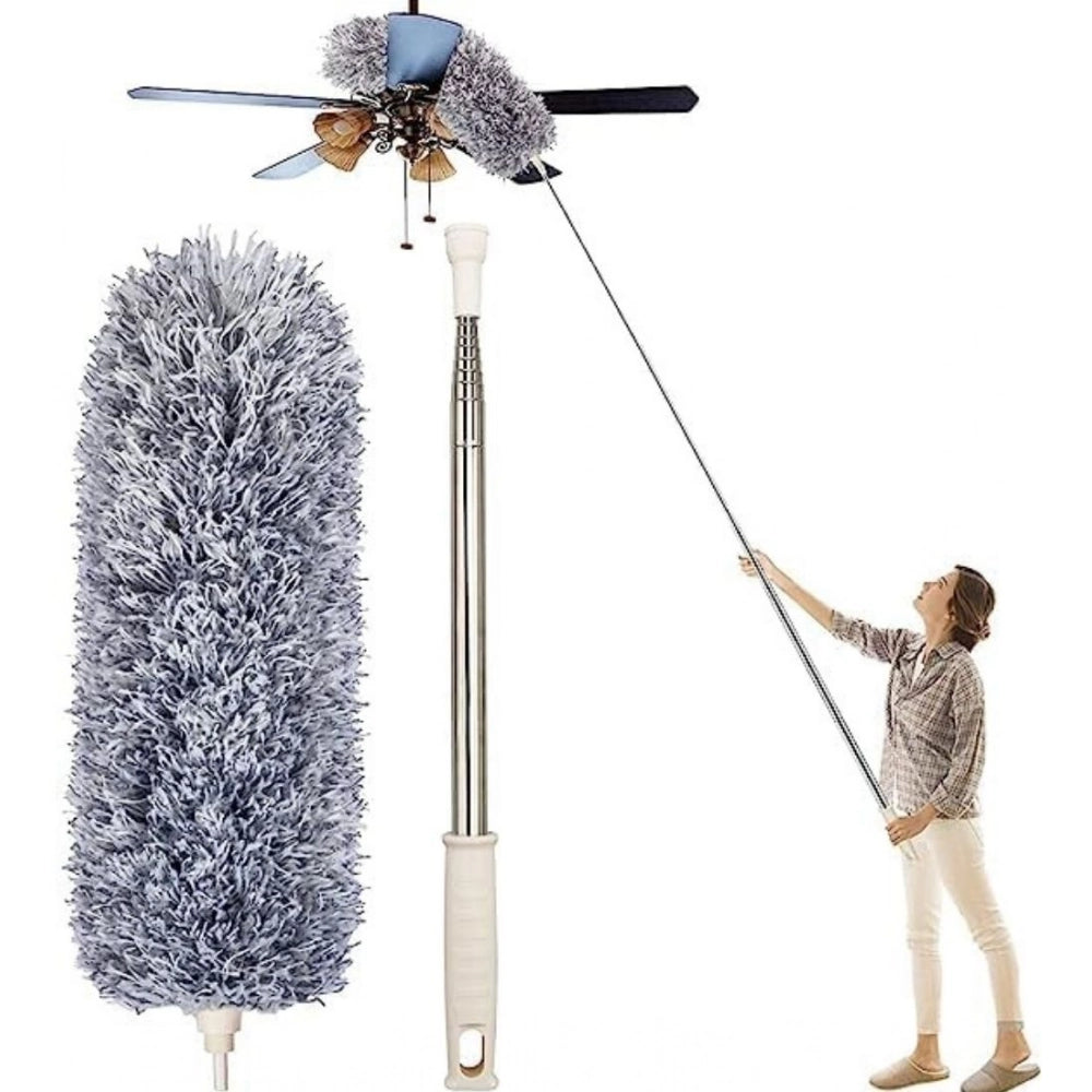 { "alt_text": "Grey microfiber fan duster set with long rod, ideal for ceiling broom cobweb cleaner and household dusting supplies" }