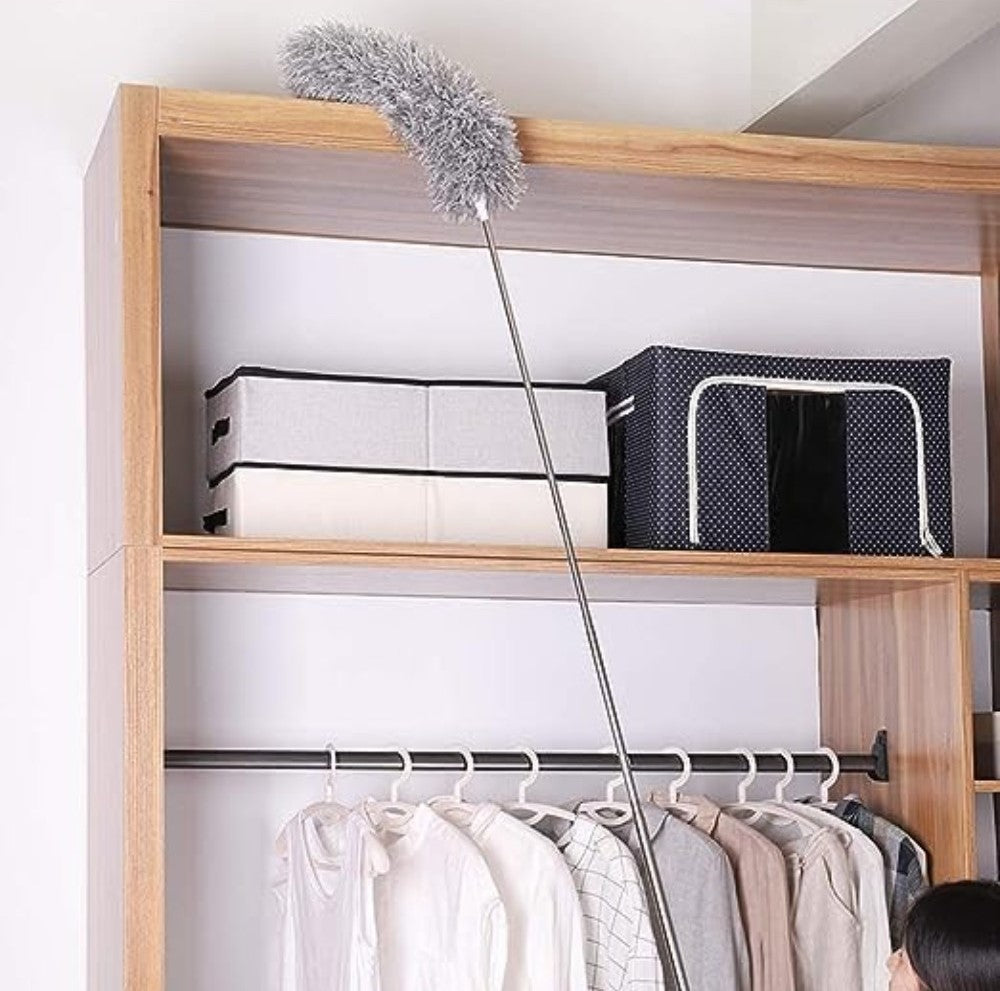 Grey microfiber duster with long adjustable stainless steel rod for cleaning ceilings, fans, and walls