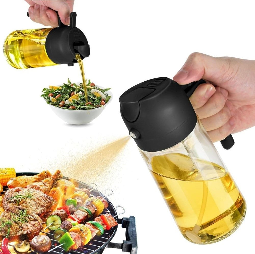 Black 2-in-1 oil dispenser bottle that functions as a spray bottle for cooking oil and liquids