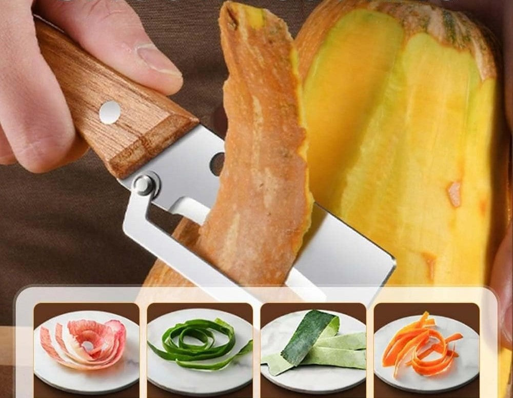 Multicolor 2-in-1 stainless steel vegetable peeler and bottle opener with wooden handle