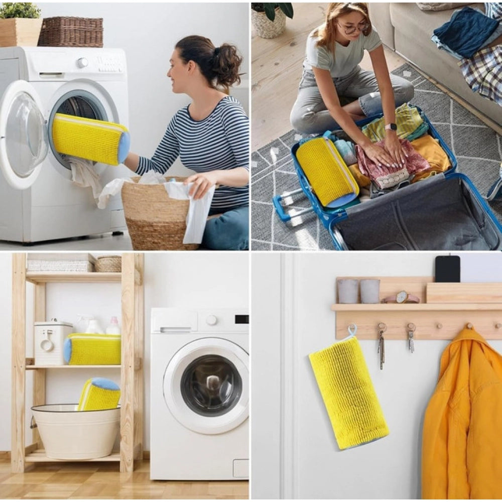 { "alt_text": "Yellow mesh shoe washing machine bags pair, deep clean laundry accessory for sneakers and athletic shoes" }