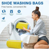 { "alt_text": "Yellow mesh shoe washing machine bags pair, deep clean laundry accessory for sneakers and athletic shoes" }