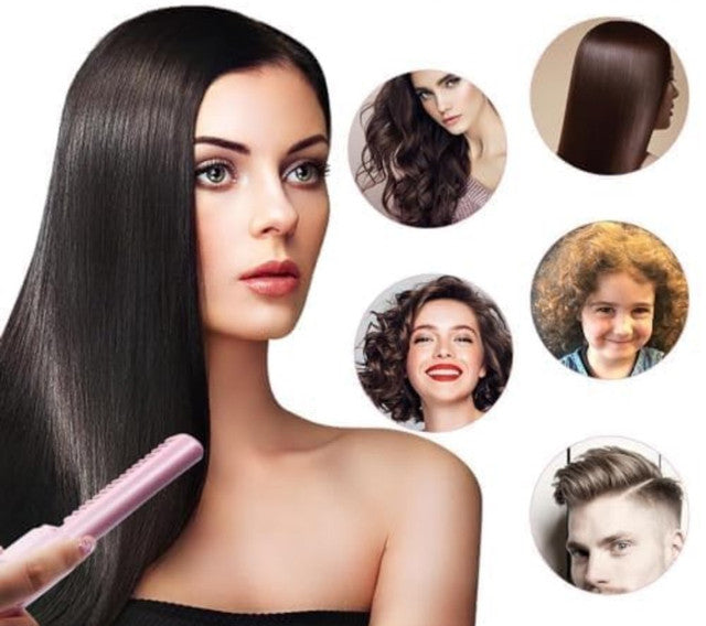 Multicolor rechargeable mini hair straightener with comb, 3-level temperature control, and auto shut-off safety feature