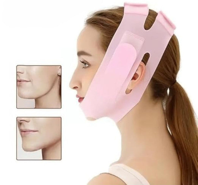Pink silicone V-line lifting face mask for slimming and jawline shaping, adjustable and reusable for men and women