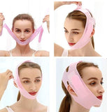 Pink silicone V-line lifting face mask for slimming and jawline shaping, adjustable and reusable for men and women
